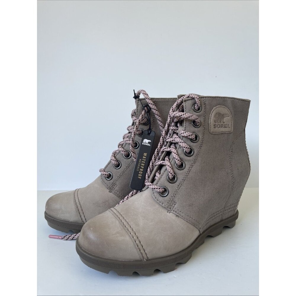Sorel Joan of Artic Wedge II PDX Women’s 9.5 Taupe Canvas Leather Ankle Boot - Picture 3 of 14